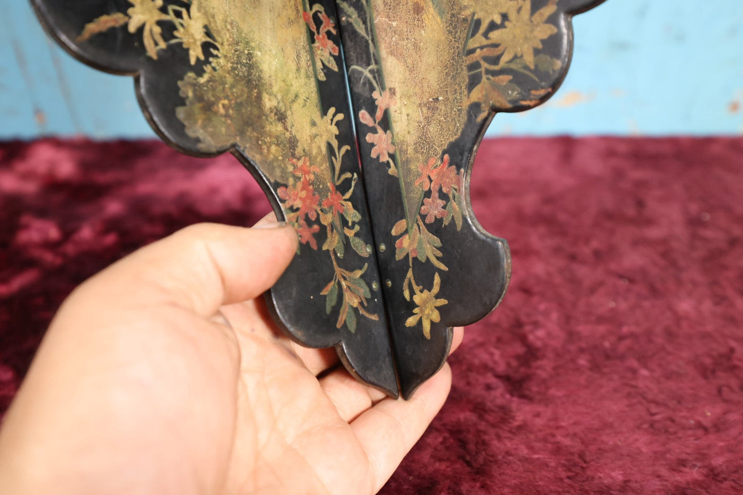 Lot 088 - Antique Chinoiserie Laquered Folding Corner Shelf, Floral Painting, Note Wear And Losses