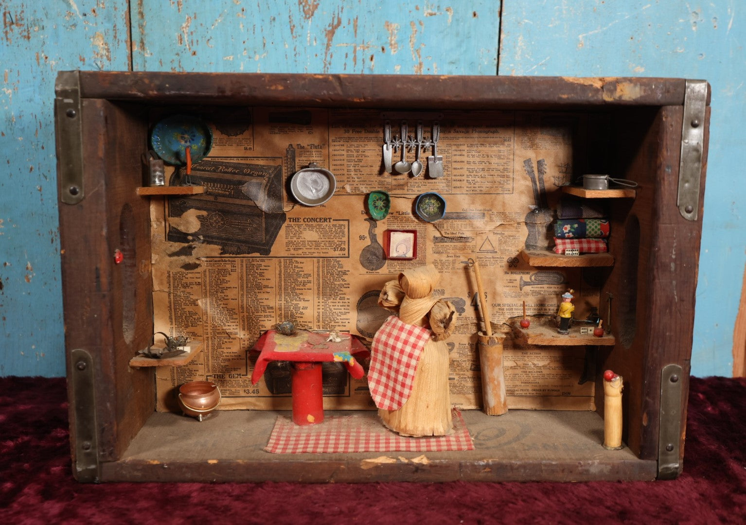 Lot 090 - Vintage Folk Art Diorama of Woman At Home, Mixed Media, Dominoes, Mice, Newpaper Backing, Made In Old Coca Cola Bottle Crate