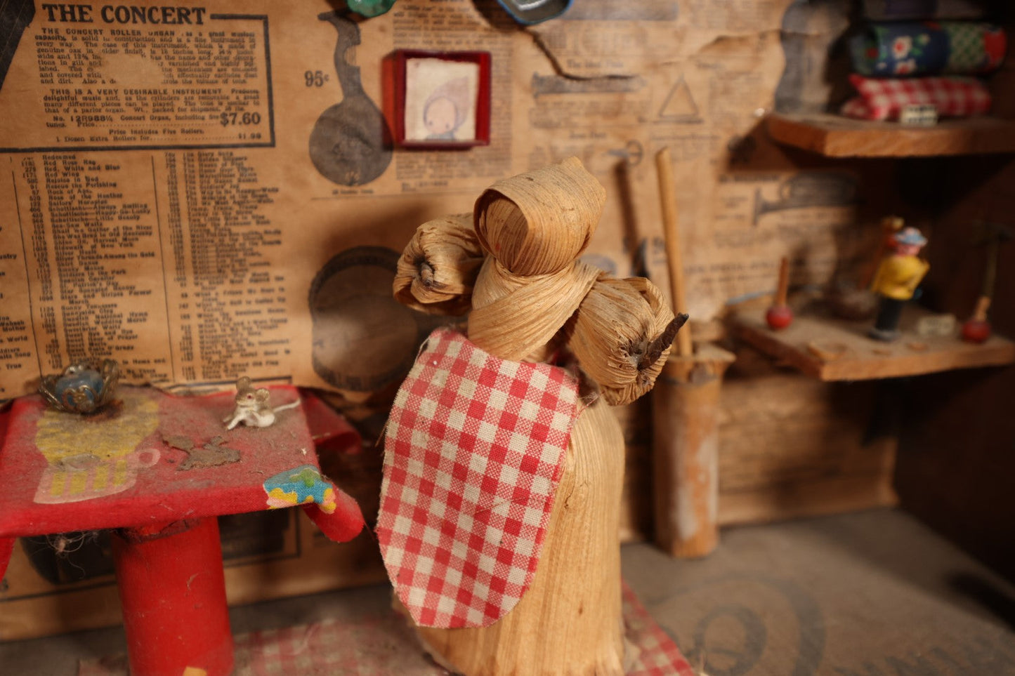 Lot 090 - Vintage Folk Art Diorama of Woman At Home, Mixed Media, Dominoes, Mice, Newpaper Backing, Made In Old Coca Cola Bottle Crate