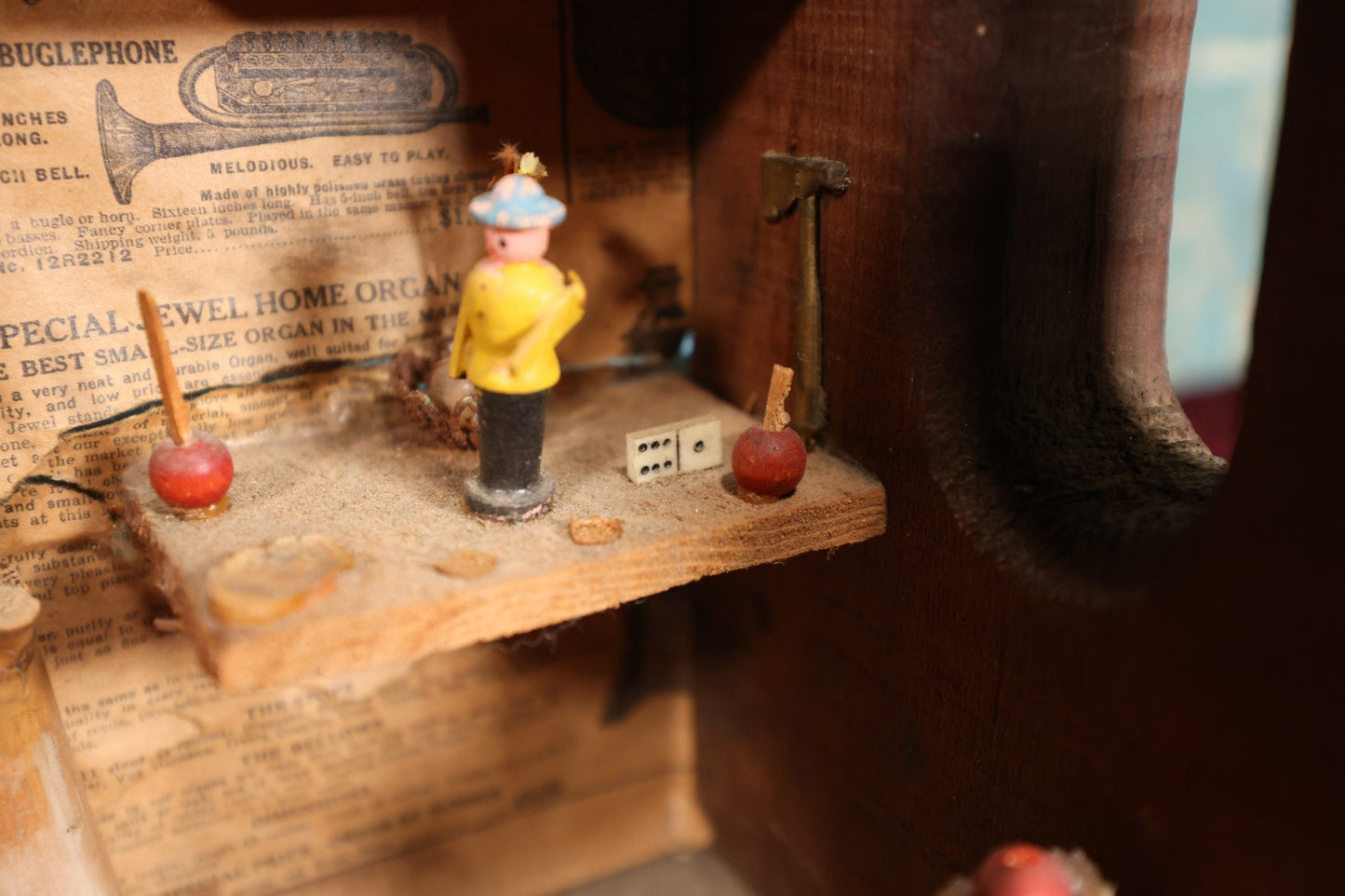 Lot 090 - Vintage Folk Art Diorama of Woman At Home, Mixed Media, Dominoes, Mice, Newpaper Backing, Made In Old Coca Cola Bottle Crate