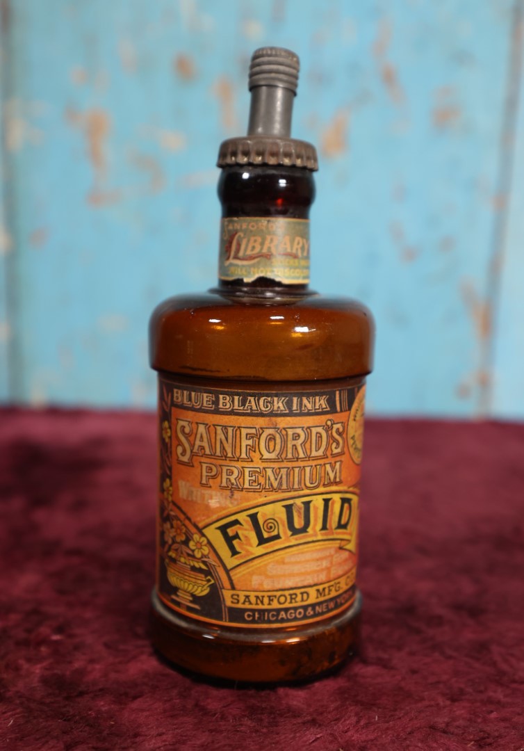 Lot 091 - Sanford's Fluid Blue Black Ink Library Paste Amber Glass Bottle With Label, Chicago & New York