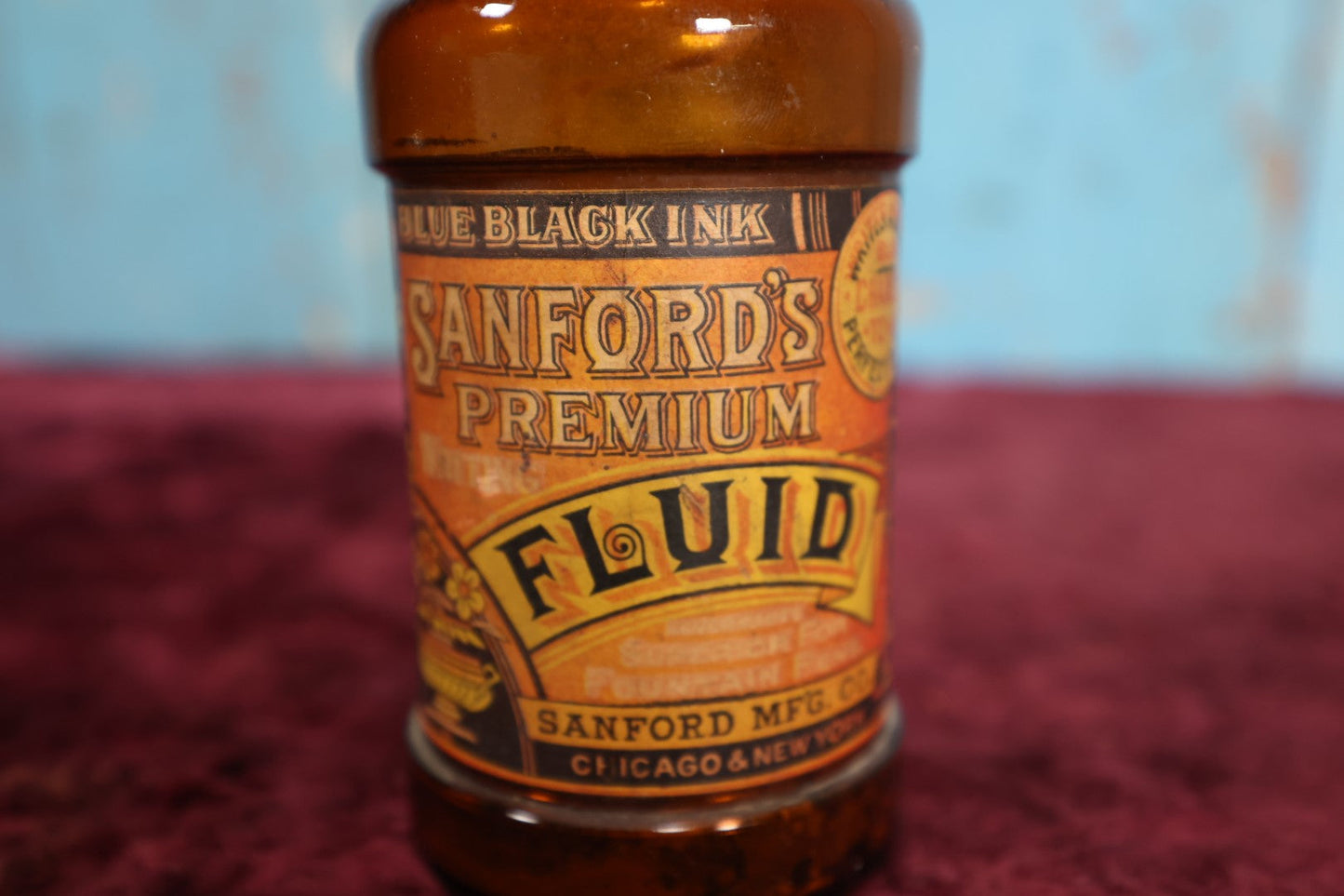 Lot 091 - Sanford's Fluid Blue Black Ink Library Paste Amber Glass Bottle With Label, Chicago & New York