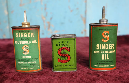 Lot 092 - Three Piece Singer Sewing Tin Lot - Household Oil, French Language Oil Tin, Singer Sewing Machine Oil