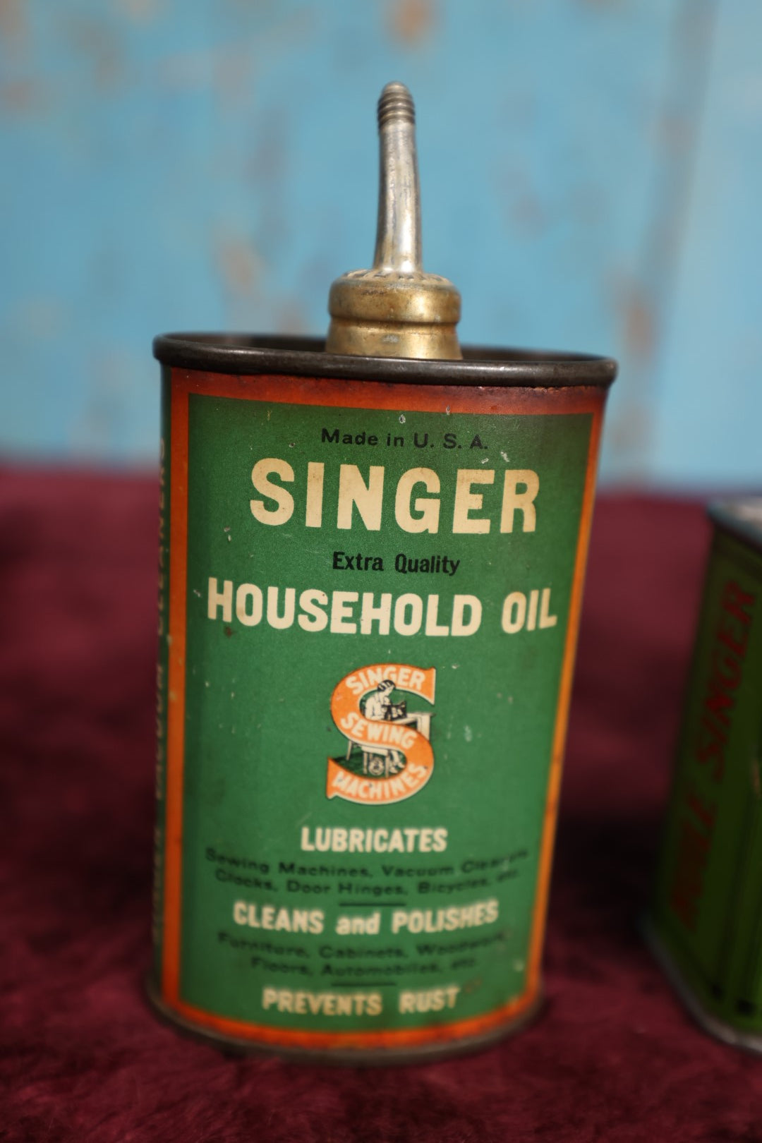 Lot 092 - Three Piece Singer Sewing Tin Lot - Household Oil, French Language Oil Tin, Singer Sewing Machine Oil