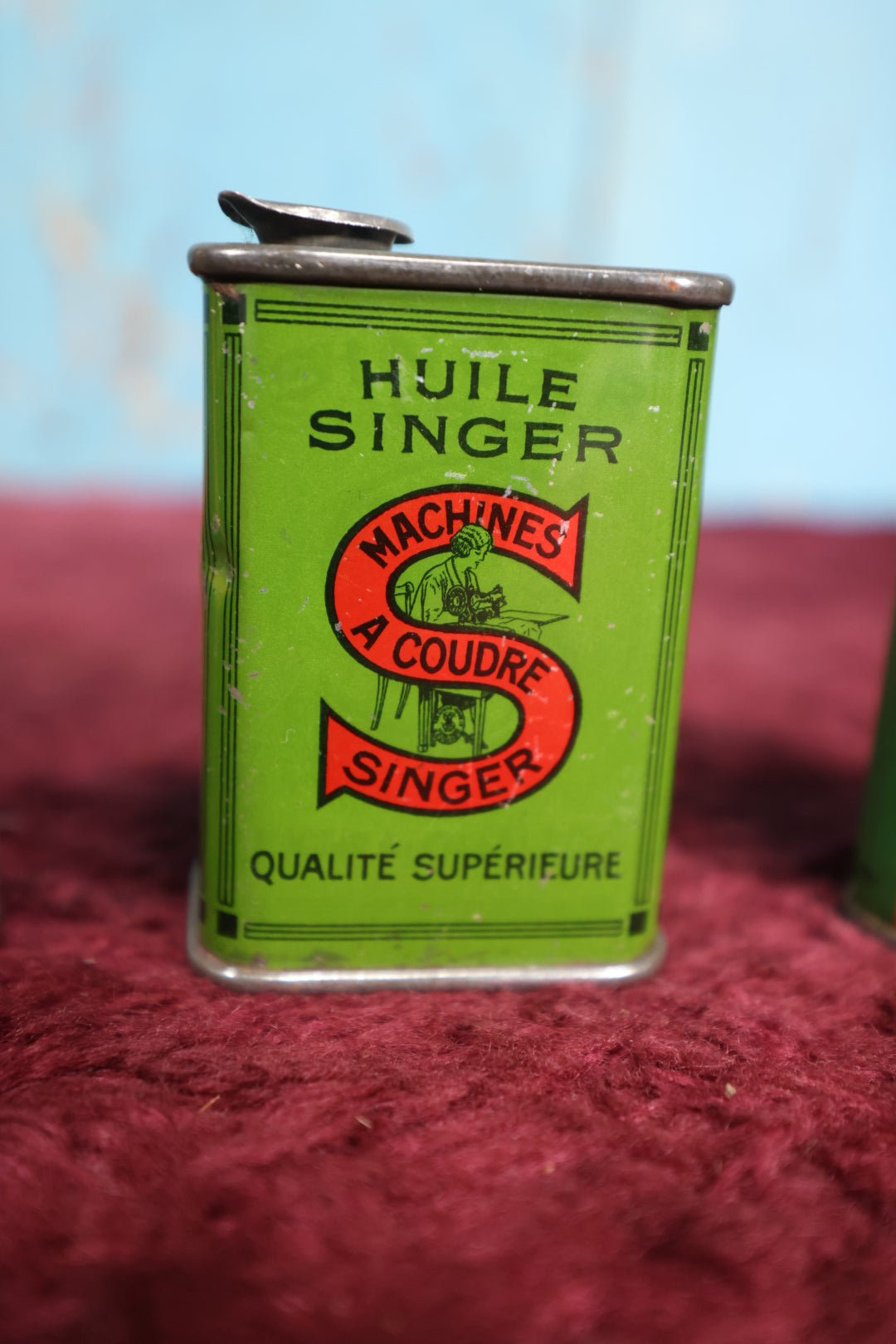 Lot 092 - Three Piece Singer Sewing Tin Lot - Household Oil, French Language Oil Tin, Singer Sewing Machine Oil