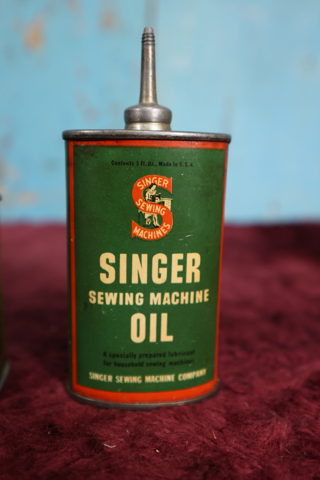 Lot 092 - Three Piece Singer Sewing Tin Lot - Household Oil, French Language Oil Tin, Singer Sewing Machine Oil