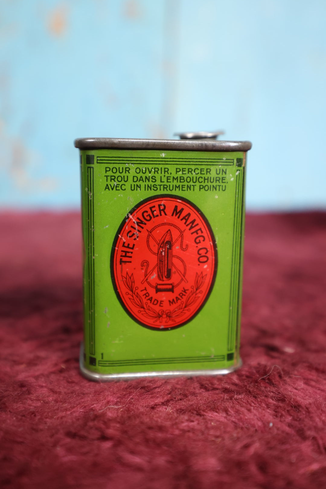 Lot 092 - Three Piece Singer Sewing Tin Lot - Household Oil, French Language Oil Tin, Singer Sewing Machine Oil