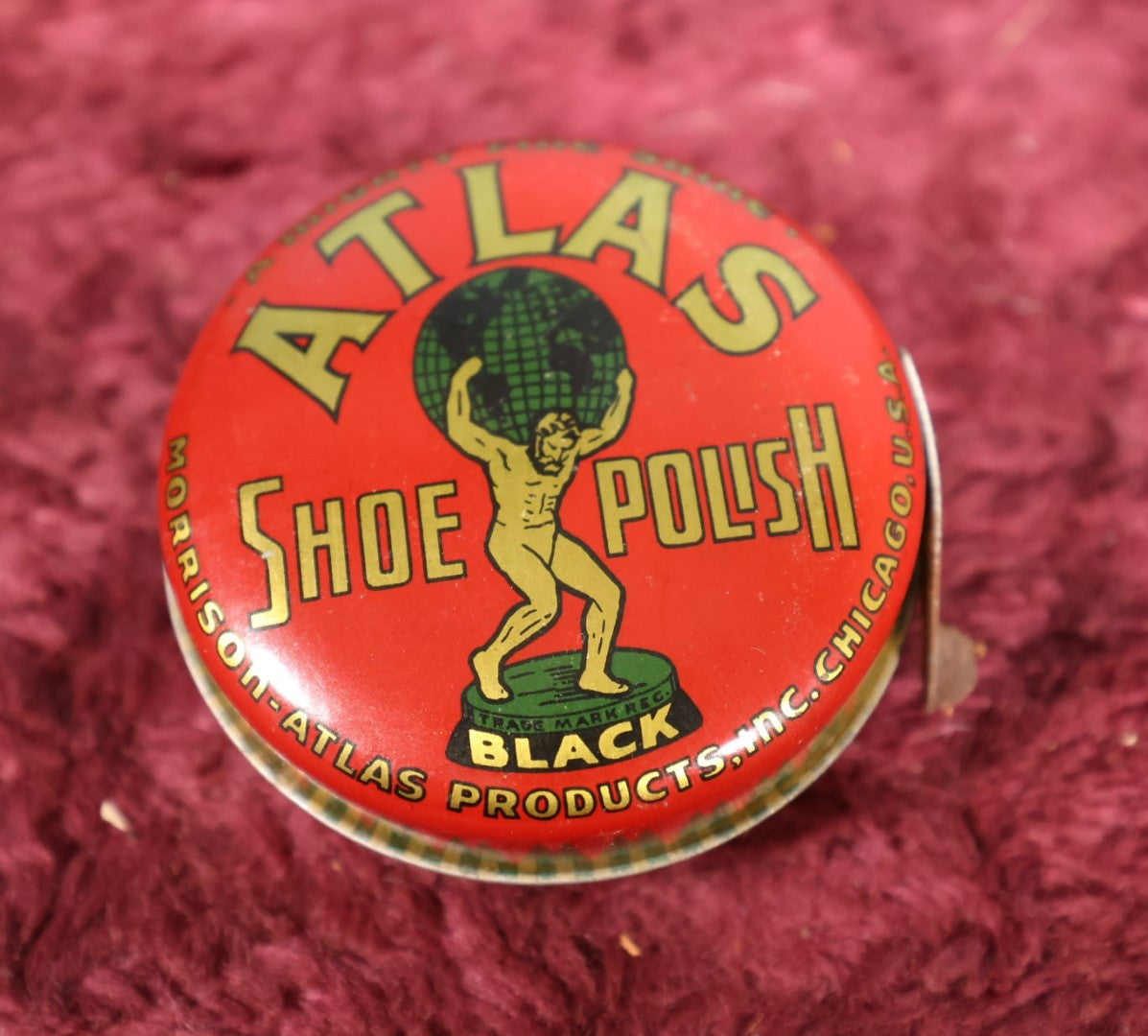 Lot 096 - Vintage Atlas Shoe Polish Tin, Chicago, Red With Atlas Lifting Globe