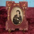 Lot 103 - Antique Velvet Embroidered Frame With Floral Design Containing A Tintype of A Pretty Victorian Woman Leaning On A Chair's Armrest