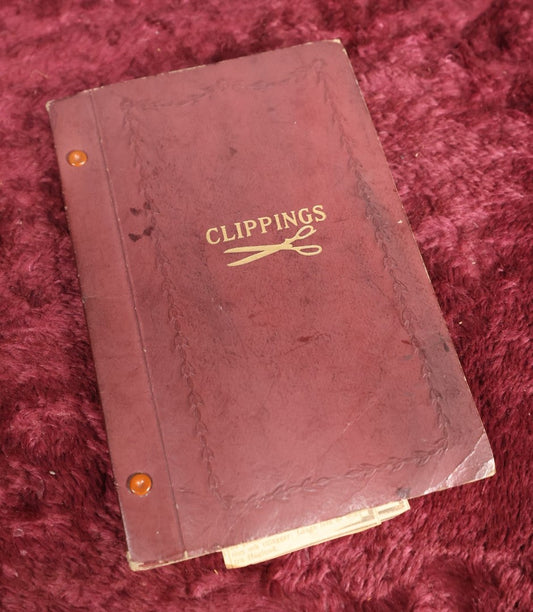 Lot 116 - Unique Vintage Clippings Scrapbook With Scissors On Cover, Interesting Topics Such As Lindbergh, Champion Wood Chopper, Gold Nugget Farm, Spencer, Massachusetts