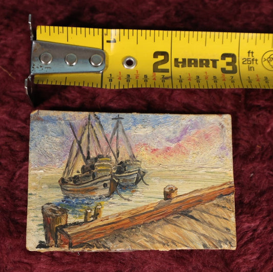 Lot 117 - Tiny, Under 3-Inch Oil On Board Painting of Two Boats, Signed J. William Baer, 1960