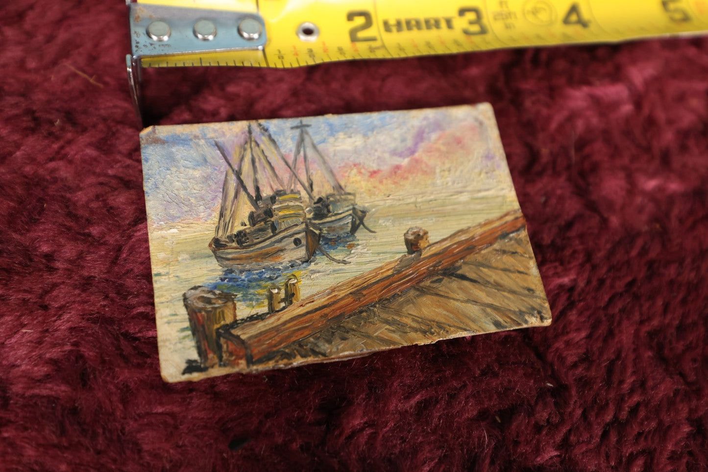 Lot 117 - Tiny, Under 3-Inch Oil On Board Painting of Two Boats, Signed J. William Baer, 1960