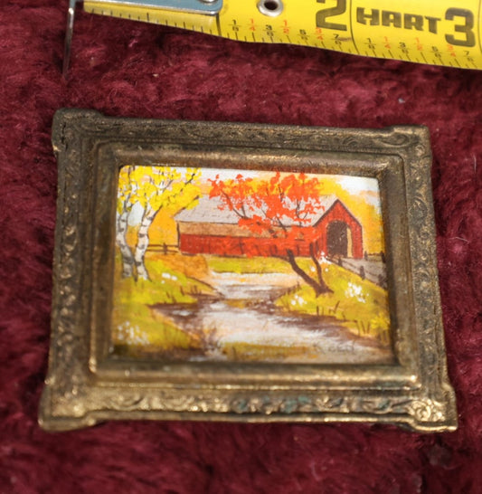 Lot 119 - Tiny Painting In Brass Frame of Covered Bridge In Fall, New England Scene, Under 3-Inches