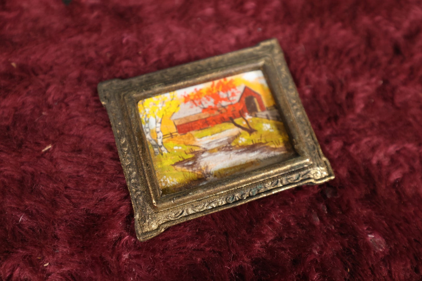 Lot 119 - Tiny Painting In Brass Frame of Covered Bridge In Fall, New England Scene, Under 3-Inches