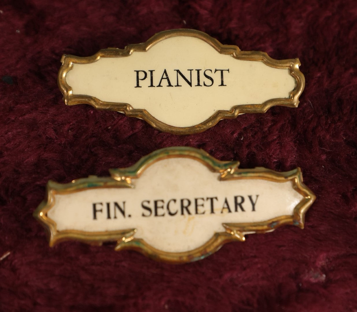 Lot 120 - Pair of Small Brass Organization Role Badges - Pianist And Finance Secretary