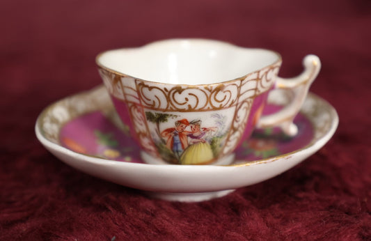 Lot 125 - Miniature Hand Painted Tea Cup, Demitasse Cup With Woman, Man, Other Designs, Mark On Bottom