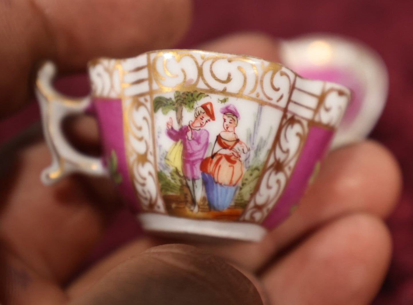 Lot 125 - Miniature Hand Painted Tea Cup, Demitasse Cup With Woman, Man, Other Designs, Mark On Bottom