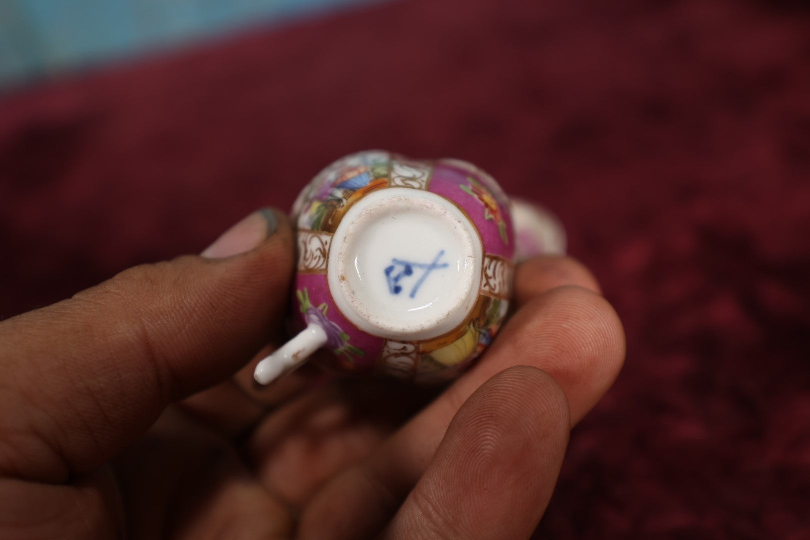 Lot 125 - Miniature Hand Painted Tea Cup, Demitasse Cup With Woman, Man, Other Designs, Mark On Bottom