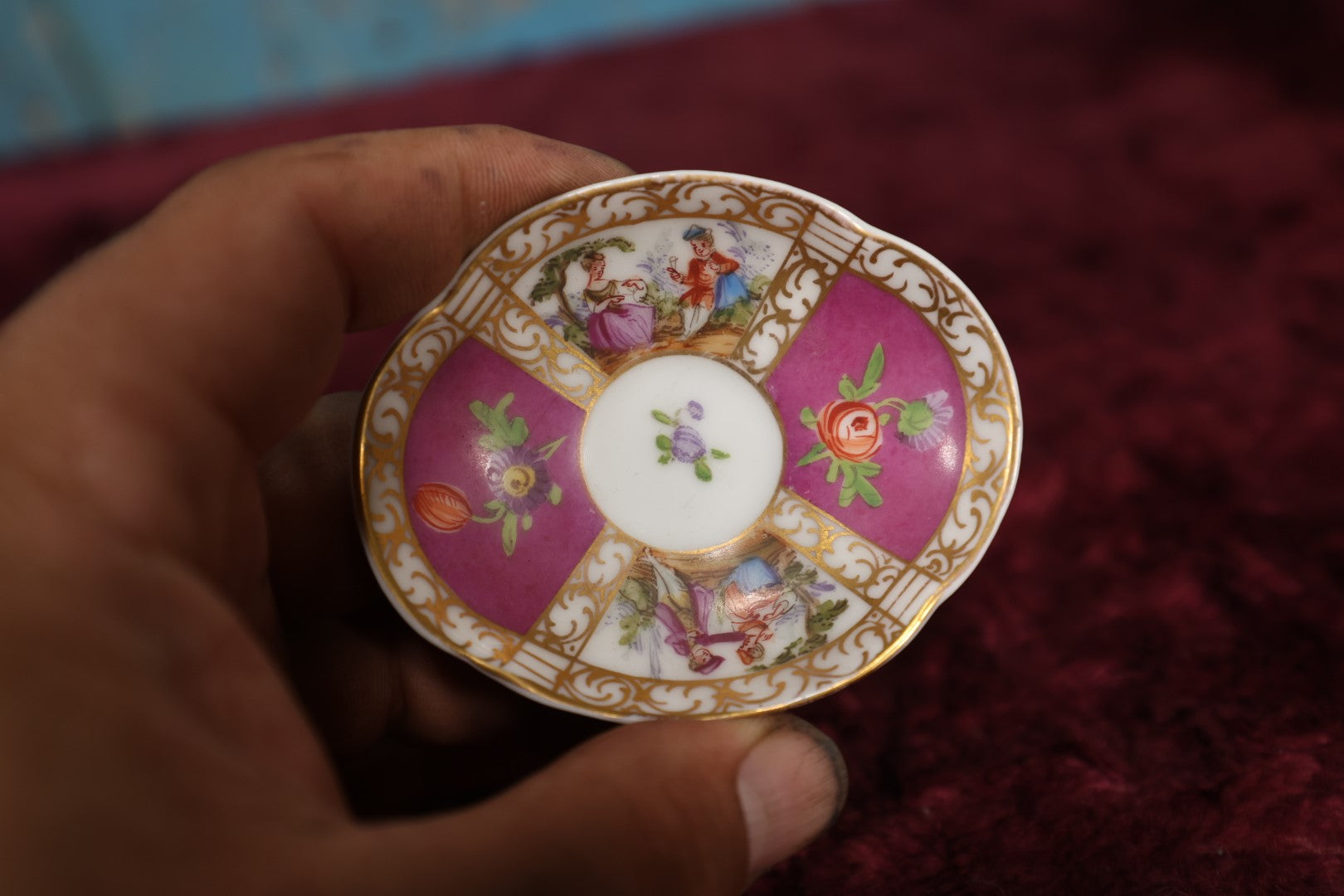 Lot 125 - Miniature Hand Painted Tea Cup, Demitasse Cup With Woman, Man, Other Designs, Mark On Bottom