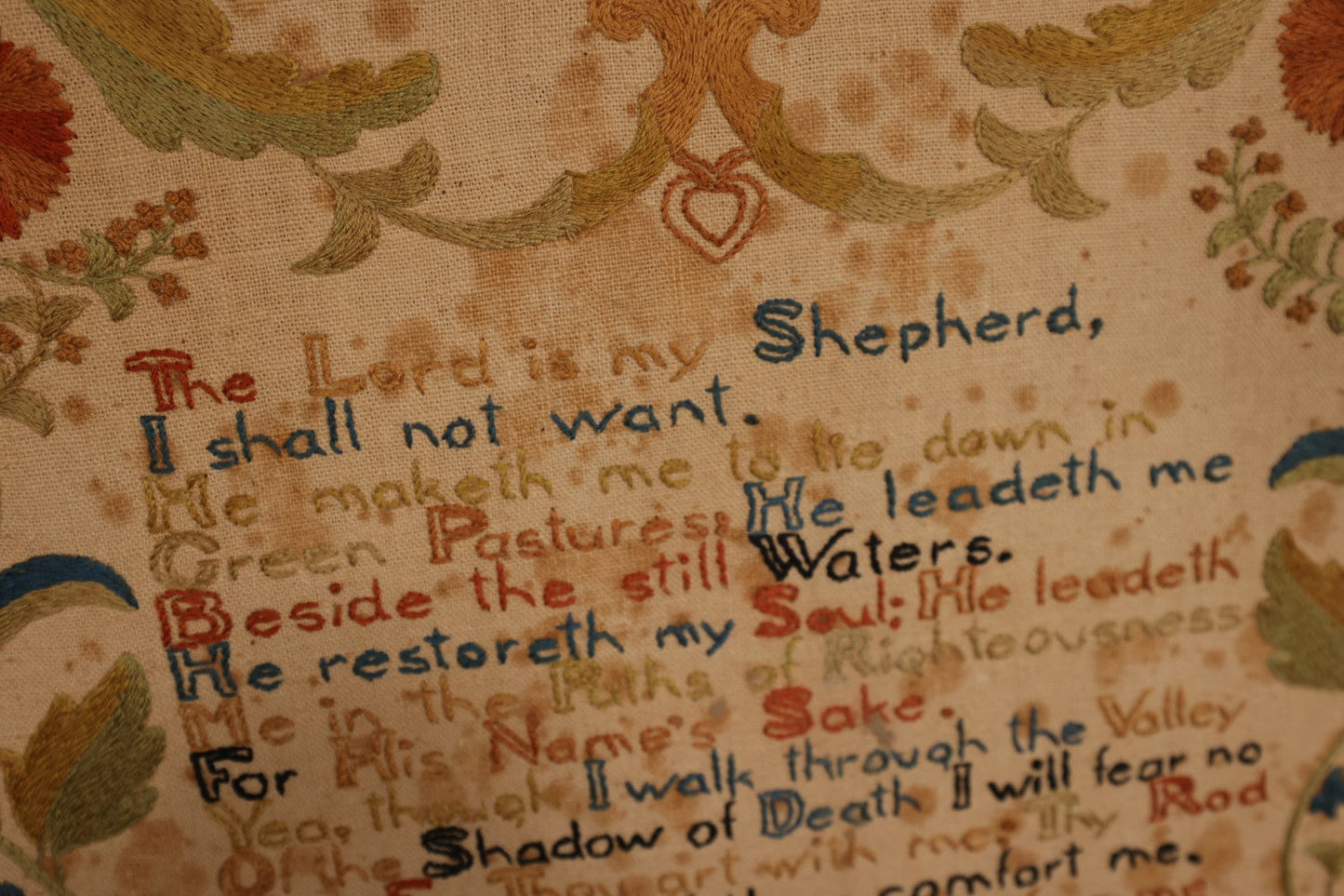 Lot 127 - Vintage Embroidered Sampler, Psalm 23, "The Lord Is My Shephard [...] Yea, Though I Walk Through The Valley of The Shadow of Death, I Will Fear No Evil," Signed M.S. 1947, Various Stains, Paper Label On Back, Denholm & Mckay Company Boston Store, Worcester Massachusetts, Picture Galleries