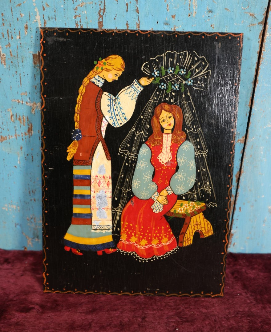 Lot 128 - Whimsical Fantasy Folk Art Lacquered  Russian Painting On Wood Panel, Note Losses, Paper Label On Back