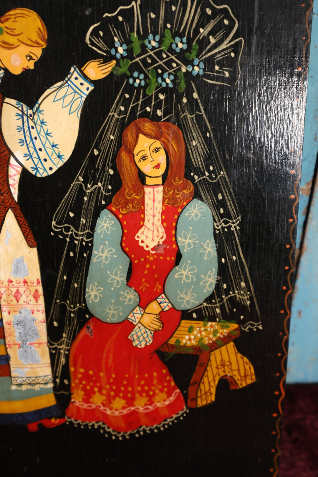 Lot 128 - Whimsical Fantasy Folk Art Lacquered  Russian Painting On Wood Panel, Note Losses, Paper Label On Back