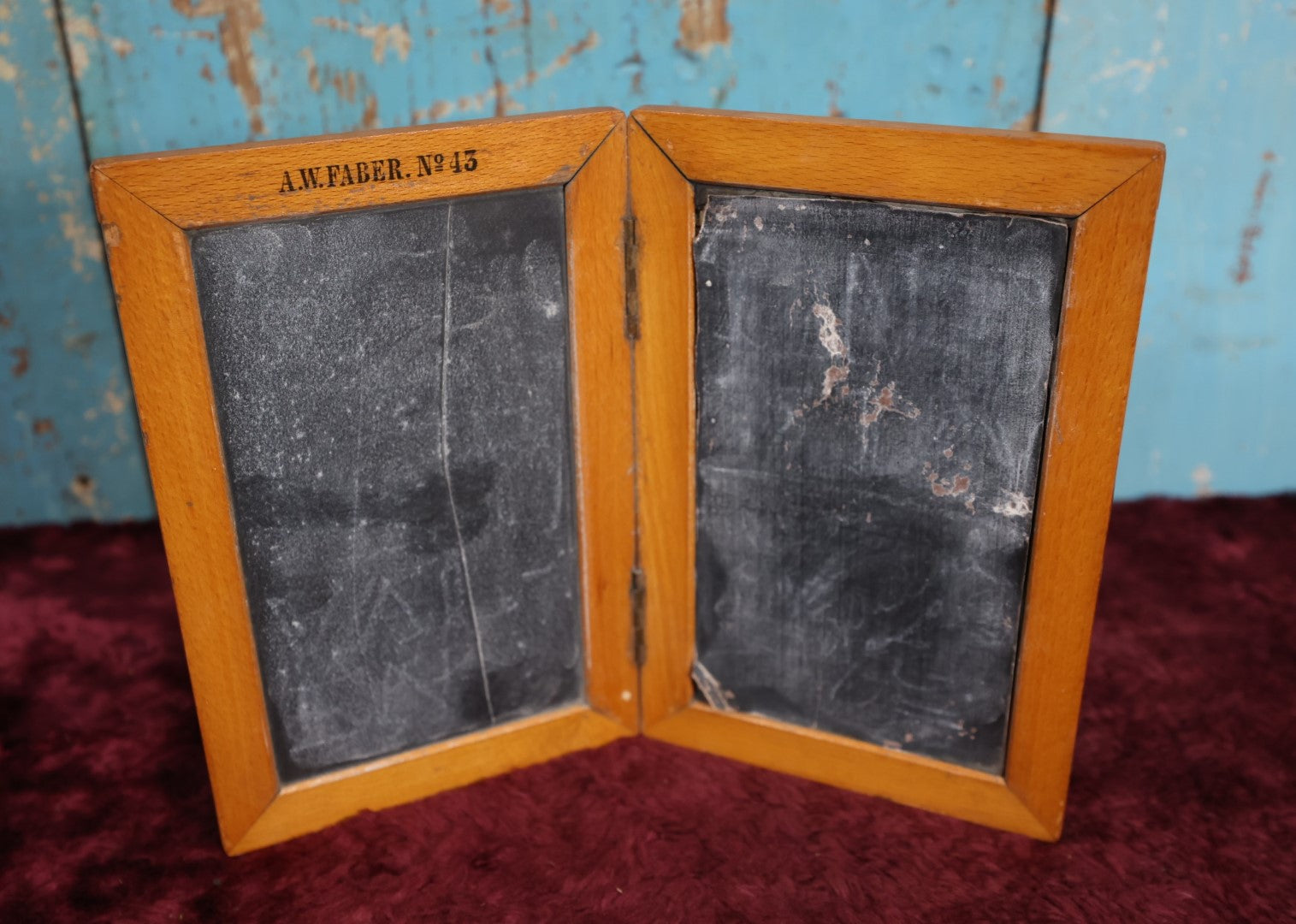 Lot 129 - A.W. Faber No. 43 Double Folding Slate Chalkboard, Blackboard, With Severe Wear To Board, Decorative Exterior