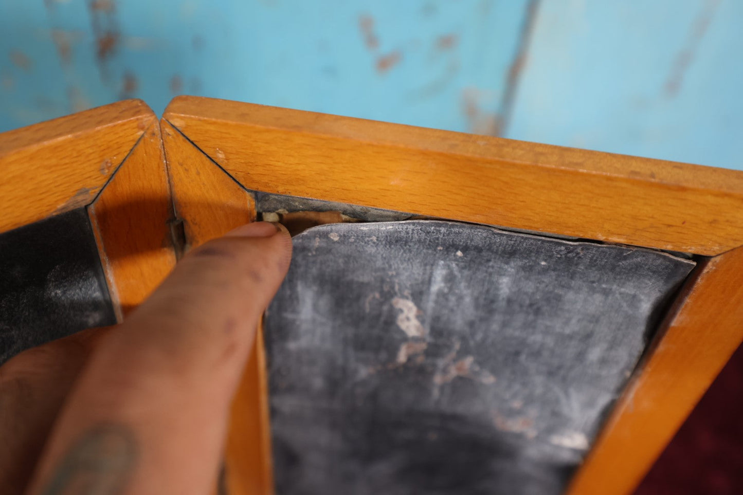 Lot 129 - A.W. Faber No. 43 Double Folding Slate Chalkboard, Blackboard, With Severe Wear To Board, Decorative Exterior