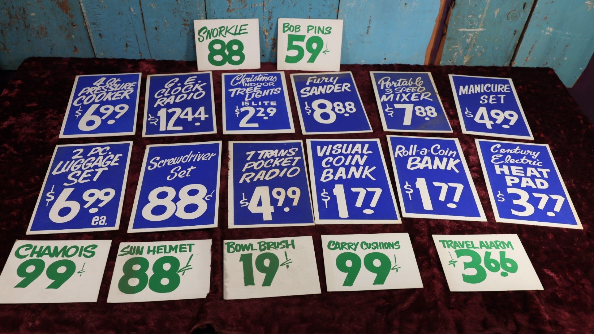 Lot 130 - Ephemera Lot - Grouping of 19 Vintage General Store Pricing Advertisements, Screen Printed - Products Such As Bob Pins Manicure Set, Clock Radio, And More - Green And Blue