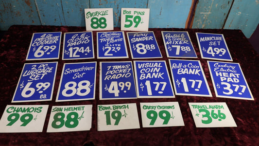 Lot 130 - Ephemera Lot - Grouping of 19 Vintage General Store Pricing Advertisements, Screen Printed - Products Such As Bob Pins Manicure Set, Clock Radio, And More - Green And Blue