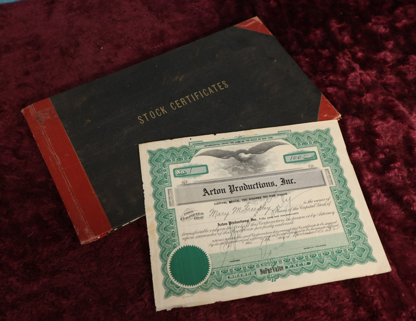 Lot 138 - Ephemera Lot - 1930s Era Stock Certificates In Book For Arton Productions, Inc., New York Broadway Production Firm, Mostly Blank, Some Missing