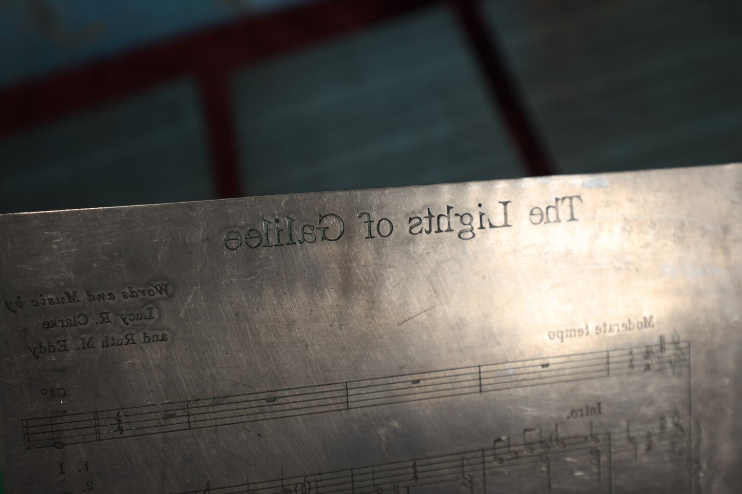 Lot 151 - Grouping of Seven Vintage Sheet Music Printing Plates, Metal, With Test Print With Notes, Songs Include: The Lights of Galilee, Dry Your Eyes My Little Weeping Willow, There's Magic In A Smile, Hello Mister Sunshine