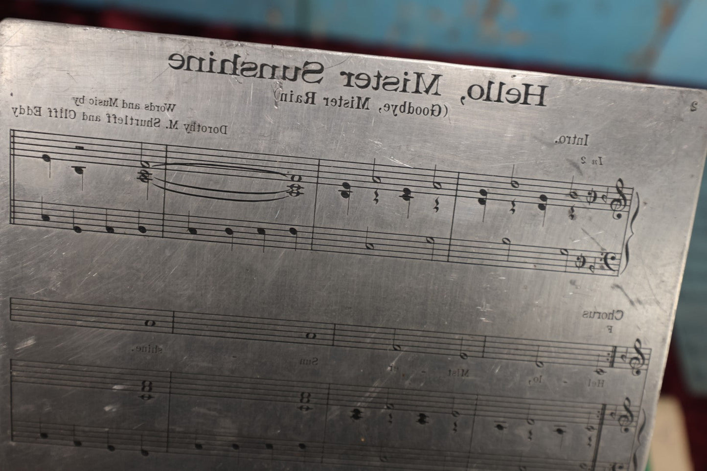 Lot 151 - Grouping of Seven Vintage Sheet Music Printing Plates, Metal, With Test Print With Notes, Songs Include: The Lights of Galilee, Dry Your Eyes My Little Weeping Willow, There's Magic In A Smile, Hello Mister Sunshine