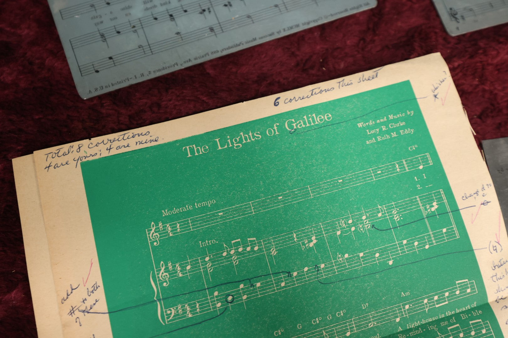 Lot 151 - Grouping of Seven Vintage Sheet Music Printing Plates, Metal, With Test Print With Notes, Songs Include: The Lights of Galilee, Dry Your Eyes My Little Weeping Willow, There's Magic In A Smile, Hello Mister Sunshine