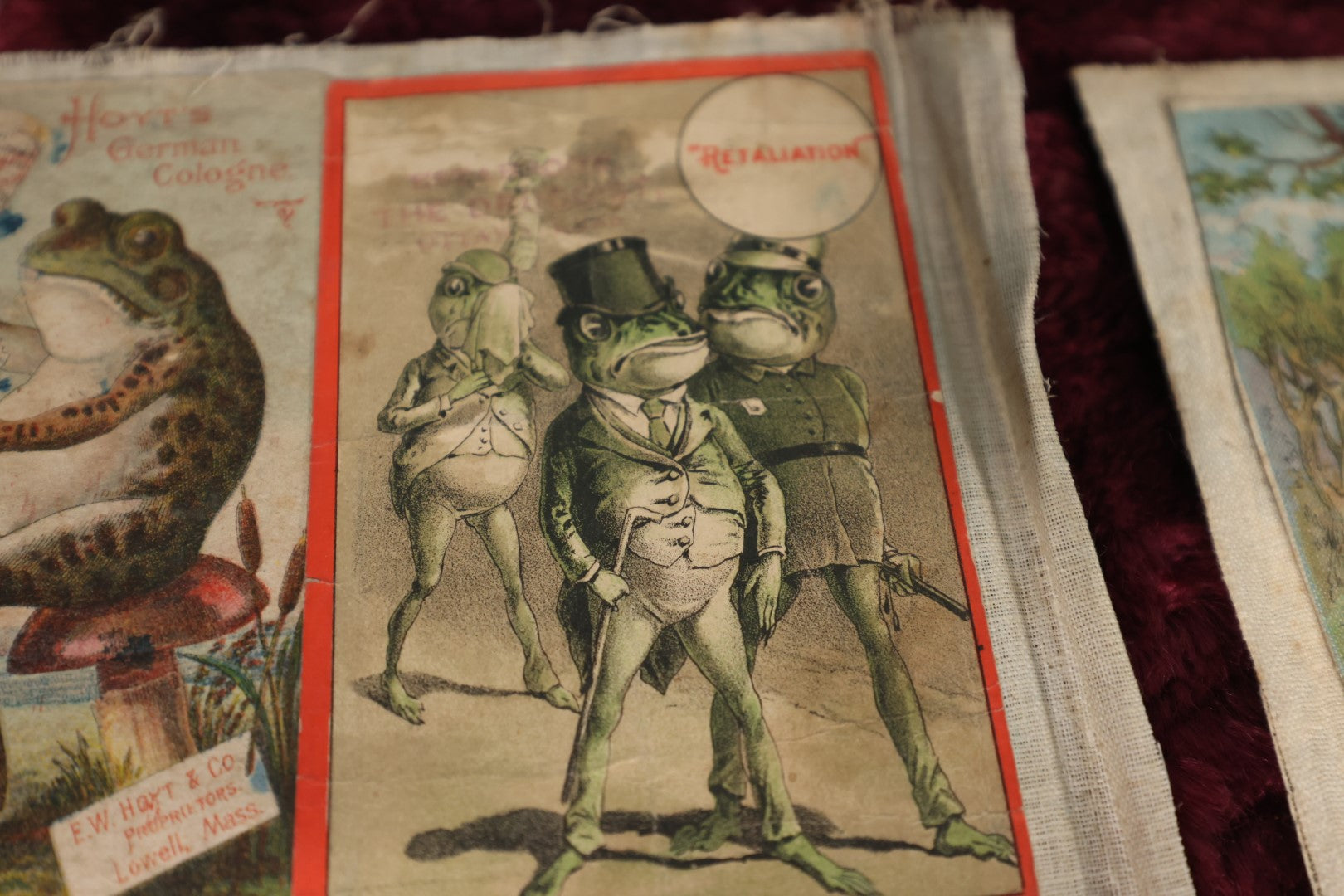 Lot 153 - Ephemera Lot - Six Loose Linen Scrapbook Pages With Victorian And Edwardian Trade Cards, Including Many With Anthropormphic Frogs, And Unusual Clippings And Comics