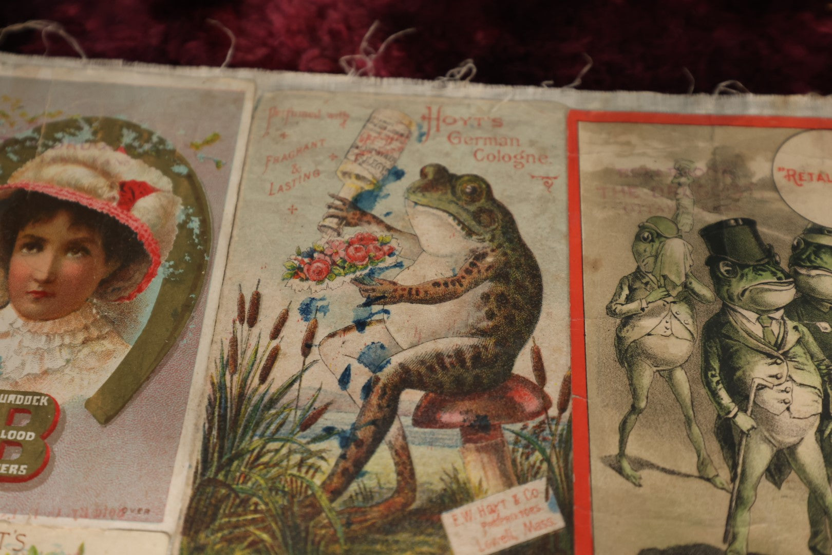 Lot 153 - Ephemera Lot - Six Loose Linen Scrapbook Pages With Victorian And Edwardian Trade Cards, Including Many With Anthropormphic Frogs, And Unusual Clippings And Comics