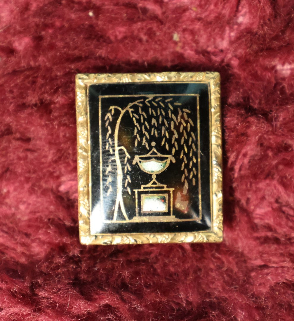 Lot 004 - Antique Victorian Mourning Memorial Brooch Pin With Monument And Weeping Willow, Gold Painted Details