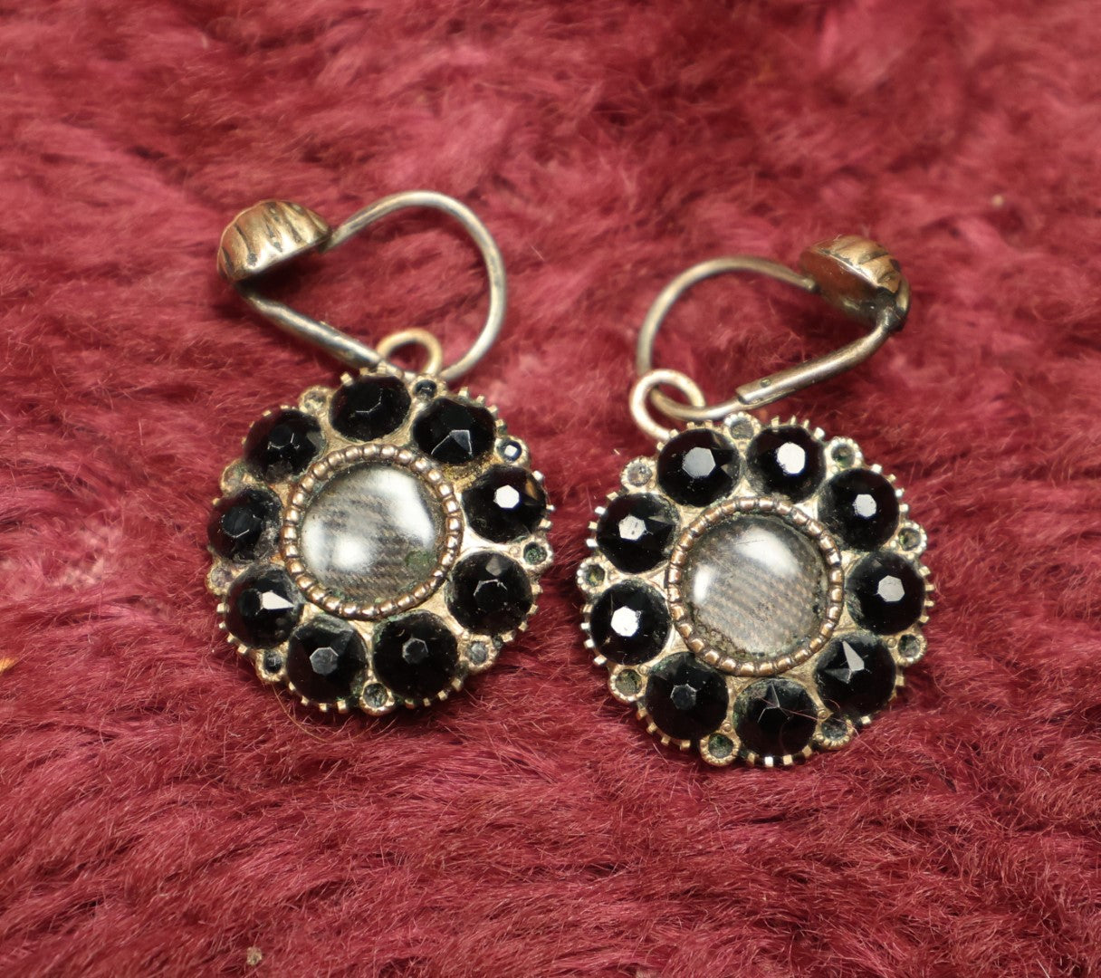 Lot 007 - Pair Of Antique Victorian Earrings With Black Stones Surrounding Glass Windows, Human Hair Weaving