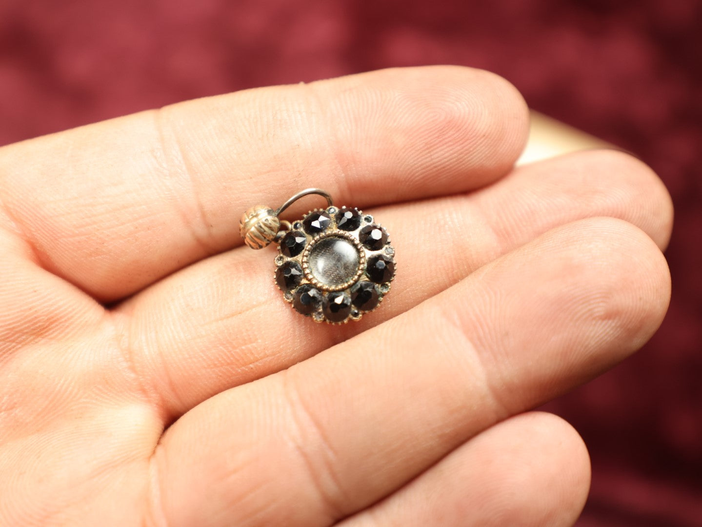 Lot 007 - Pair Of Antique Victorian Earrings With Black Stones Surrounding Glass Windows, Human Hair Weaving