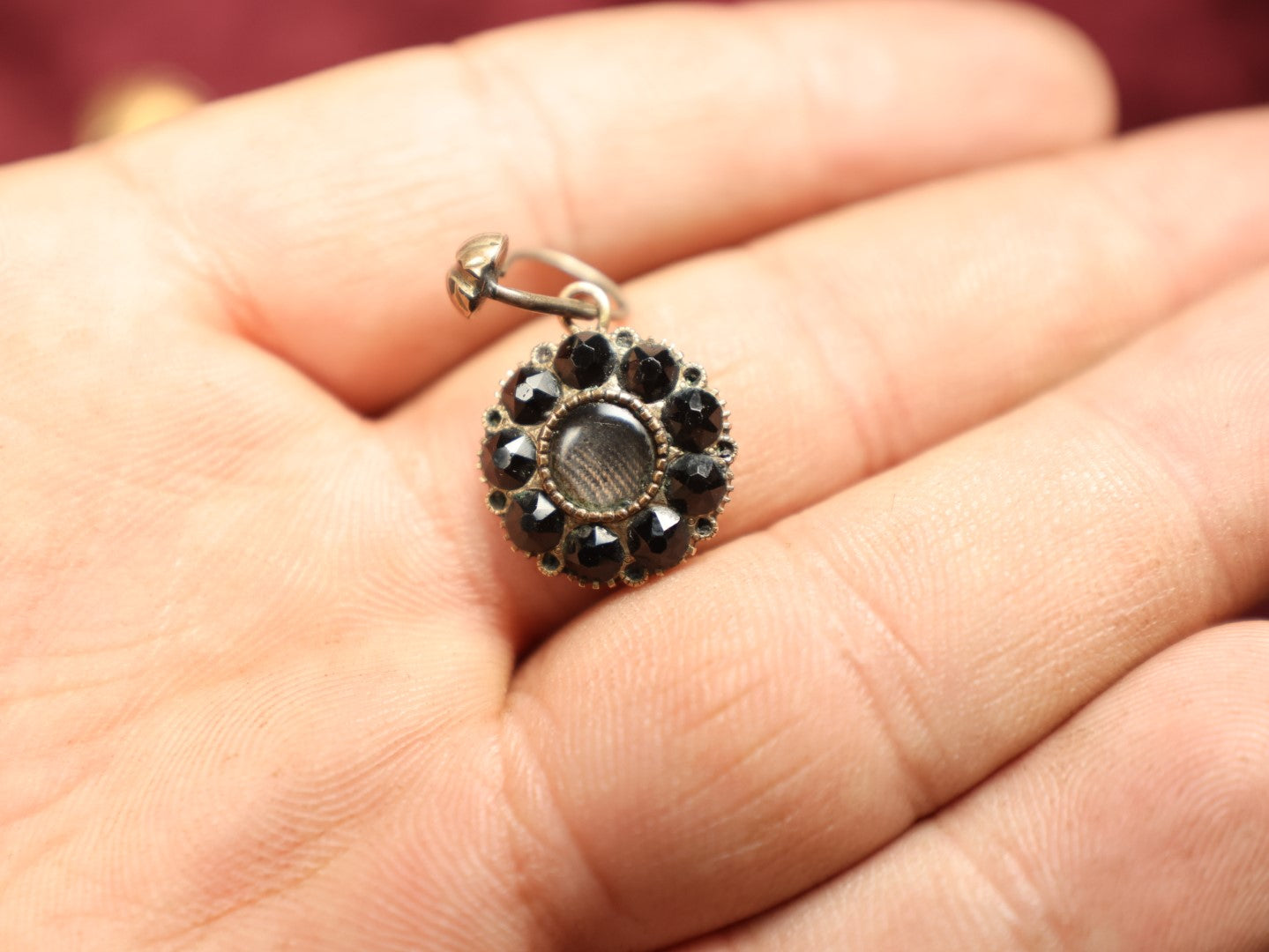 Lot 007 - Pair Of Antique Victorian Earrings With Black Stones Surrounding Glass Windows, Human Hair Weaving