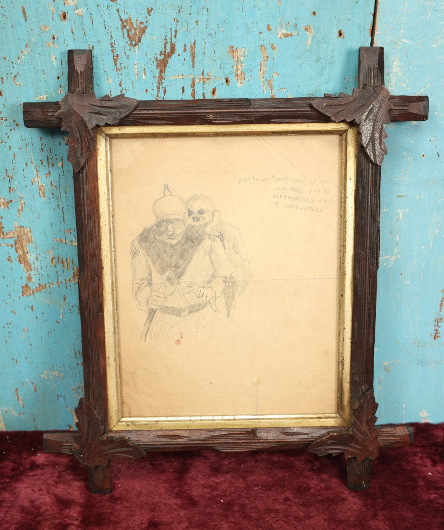 Lot 008 - World War One Pencil Sketch By Veteran, Signed "Robert" Depicting Death Threatening Kaiser Wilhelm II, Anachronistic Frame