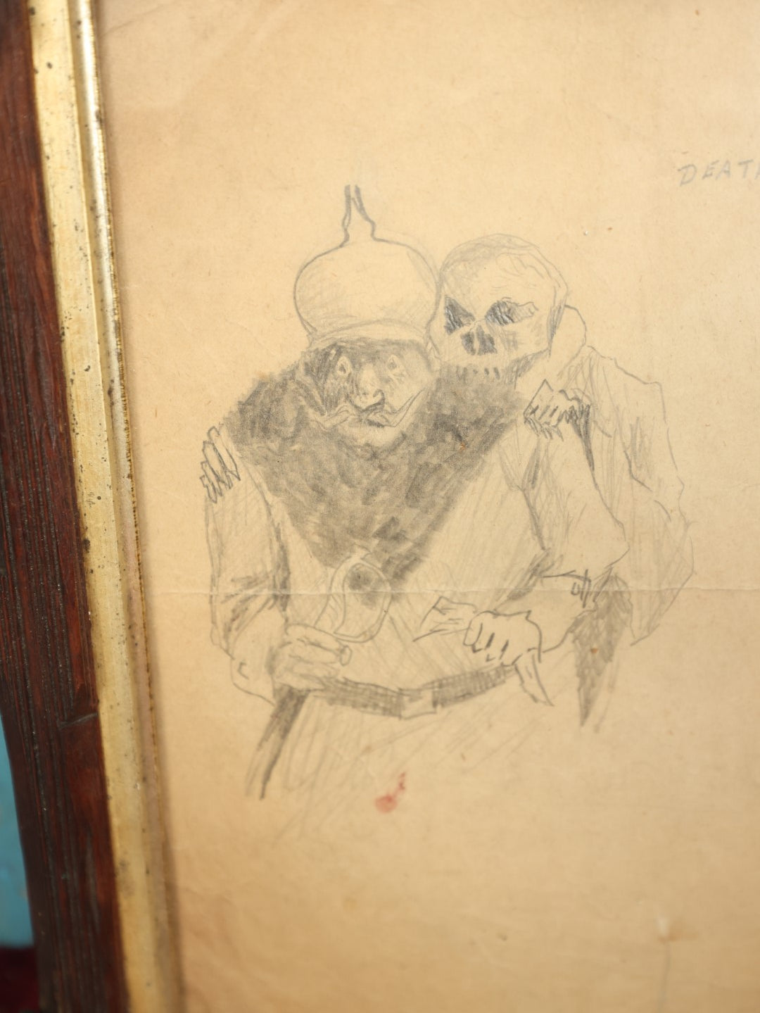 Lot 008 - World War One Pencil Sketch By Veteran, Signed "Robert" Depicting Death Threatening Kaiser Wilhelm II, Anachronistic Frame