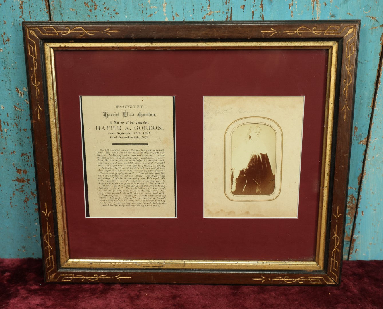 Lot 009 - Framed Mourning Memorial Ephemera For Hattie A. Gordon, Who Died Age 5 In 1872, Including Mother's Testament To Her Last Words, Her CDV, And Her Brother's Photo