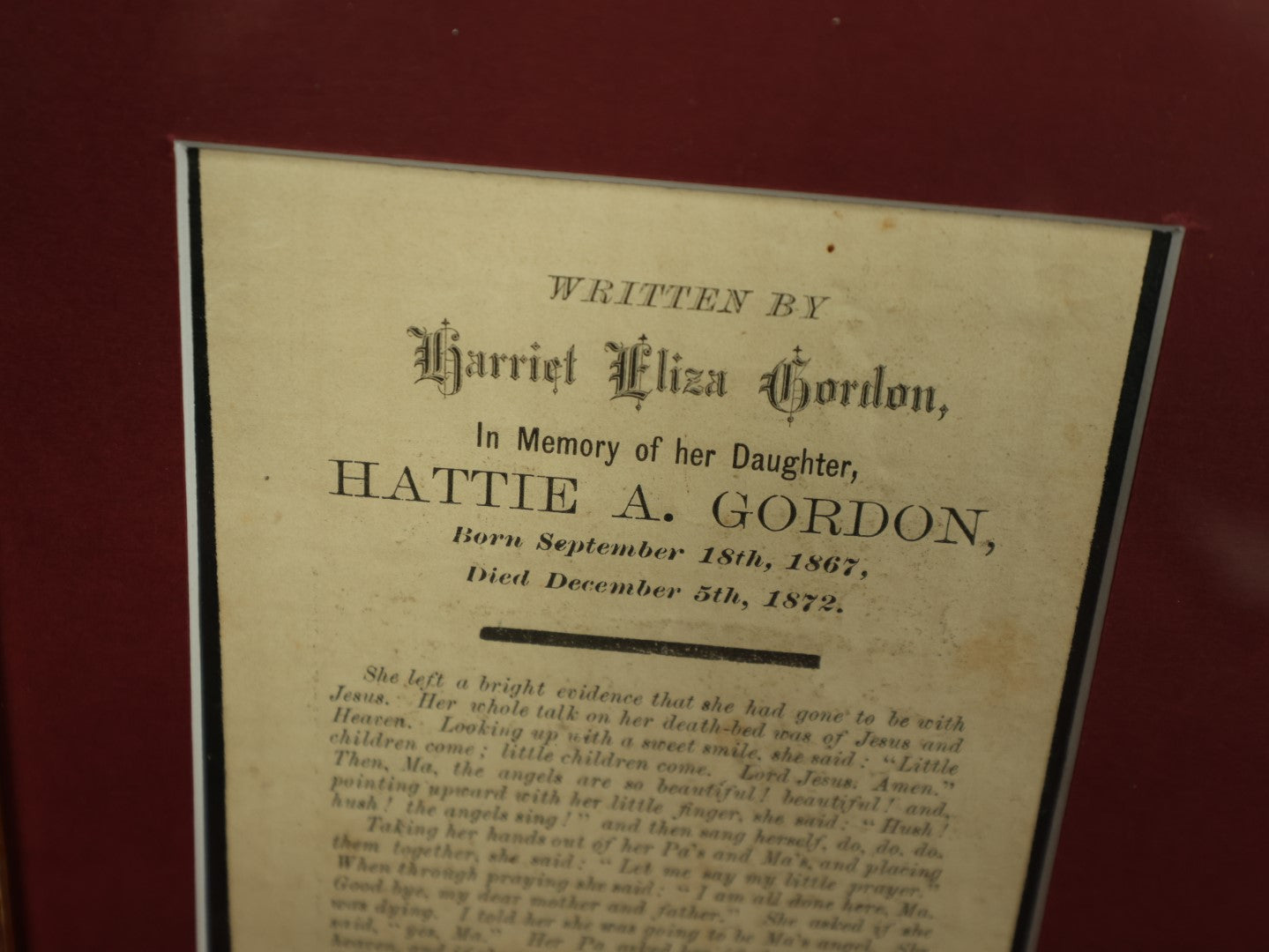 Lot 009 - Framed Mourning Memorial Ephemera For Hattie A. Gordon, Who Died Age 5 In 1872, Including Mother's Testament To Her Last Words, Her CDV, And Her Brother's Photo