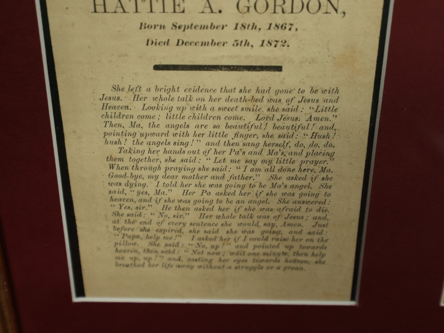 Lot 009 - Framed Mourning Memorial Ephemera For Hattie A. Gordon, Who Died Age 5 In 1872, Including Mother's Testament To Her Last Words, Her CDV, And Her Brother's Photo