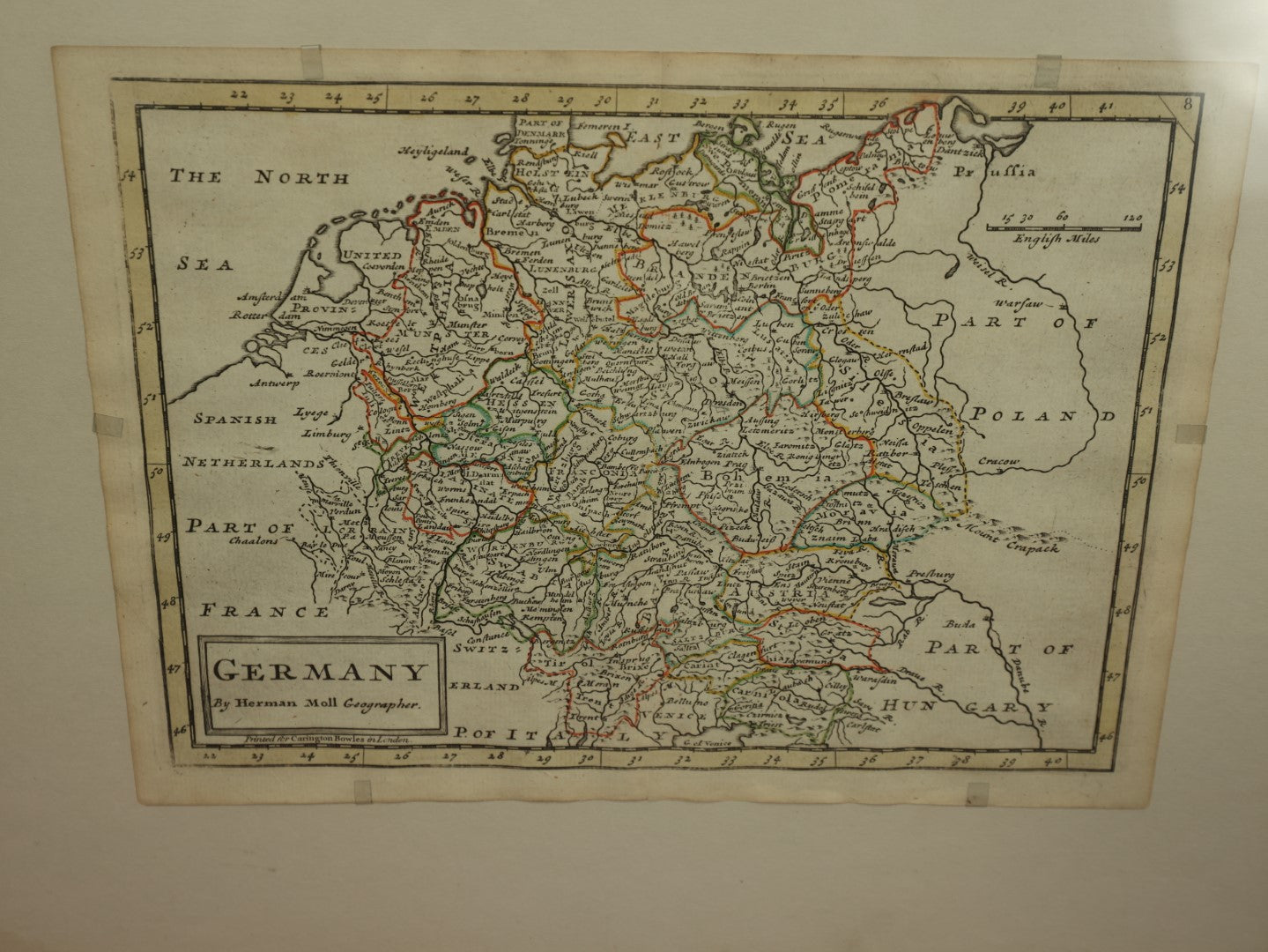 Lot 010 - 18th Century Map Of Germany By Geographer Herman Moll, Printed For Carrington Bowles In London, Circa 1730, Professionally Framed, Wayne Gallery, Providence, Rhode Island