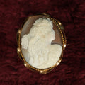 Lot 011 - Large Antique Cameo Brooch Of Woman In Profile With Leopard Pelt Over Shoulder, Pinback