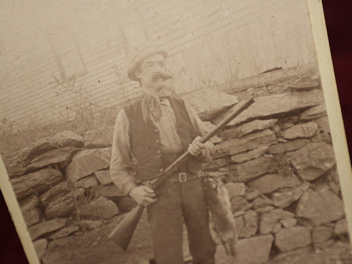 Lot 016 - Antique Cabinet Card Boarded Photo Of Hunter Or Trapper Holding Shotgun, With Raccoon On His Belt, Fur Trapper Trader, Hunting Interest, By Eagle Photo Company, Fall River, Massachusetts