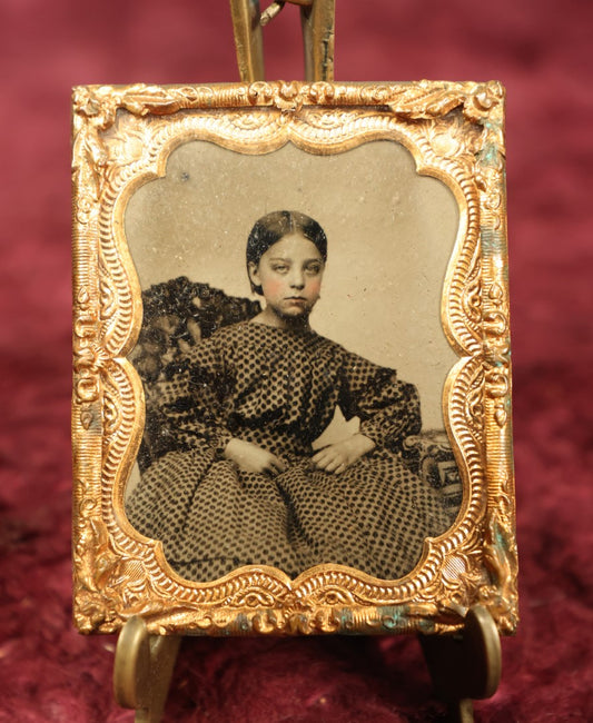 Lot 017 - Antique 1/9th Plate Ruby Ambrotype Photograph Of Pretty Young Girl With Serious Expression, Polka Dot Dress, Rosy Tinted Cheeks