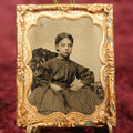 Lot 017 - Antique 1/9th Plate Ruby Ambrotype Photograph Of Pretty Young Girl With Serious Expression, Polka Dot Dress, Rosy Tinted Cheeks
